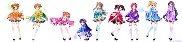 Anime picture 2139x500 with love live! school idol project sunrise (studio) love live! nishikino maki yazawa nico toujou nozomi minami kotori ayase eli sonoda umi kousaka honoka hoshizora rin koizumi hanayo grandia bing long hair blush short hair open mouth blue eyes black hair simple background