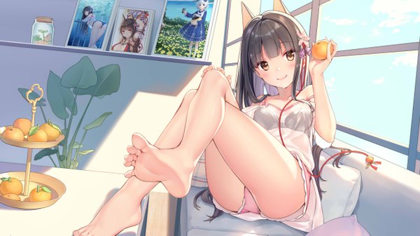Anime picture 5184x2916 with warship girls r akagi (warship girls r) yinqi single long hair looking at viewer blush fringe highres light erotic black hair smile wide image sitting bare shoulders holding brown eyes absurdres indoors head tilt