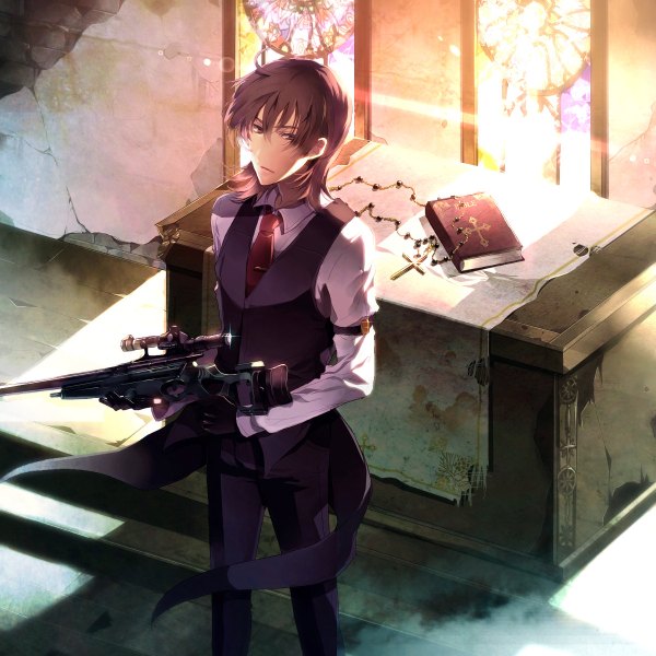 Anime picture 1200x1200 with double cross bible kanae (double cross) sunakumo highres short hair red eyes brown hair sunlight lens flare boy weapon necktie gun book (books) beads rifle sniper rifle prayer beads rosary