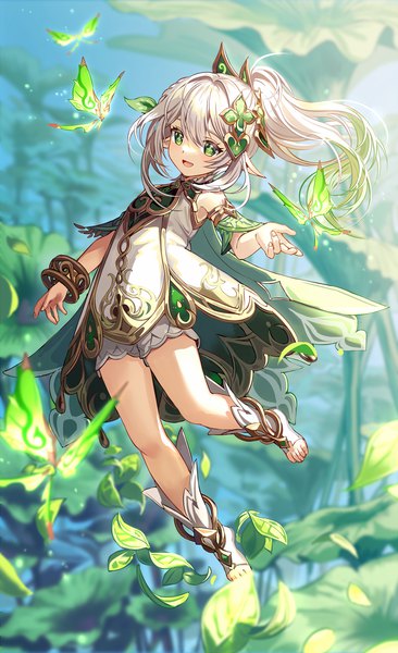 Anime picture 800x1310 with genshin impact nahida (genshin impact) crystalfly (genshin impact) silence girl single long hair tall image fringe open mouth hair between eyes green eyes looking away silver hair full body :d pointy ears side ponytail girl plant (plants) bracelet
