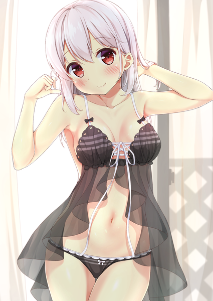 Anime picture 2508x3541 with original tisshu (karutamo) karutamo single long hair tall image looking at viewer blush fringe highres breasts light erotic smile hair between eyes red eyes standing bare shoulders payot cleavage silver hair