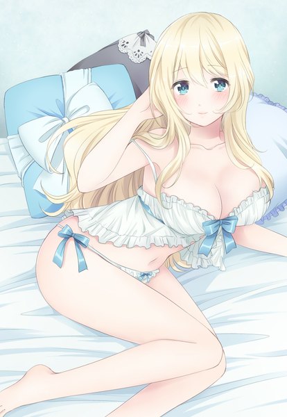 Anime picture 800x1159 with kantai collection atago heavy cruiser nanashiki fuuka single long hair tall image looking at viewer blush fringe breasts blue eyes light erotic blonde hair smile large breasts bare shoulders lying barefoot alternate costume adjusting hair