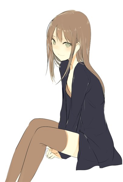 Anime picture 550x814 with original lpip single long hair tall image looking at viewer blush simple background smile brown hair white background sitting green eyes bent knee (knees) zettai ryouiki between thighs girl thighhighs