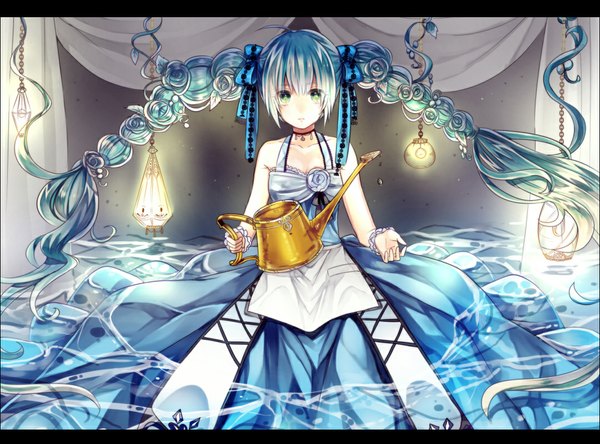 Anime picture 1080x800 with vocaloid hatsune miku amayu (oxo0101) single long hair looking at viewer blush twintails bare shoulders aqua eyes aqua hair letterboxed weightlessness girl dress hair ornament ribbon (ribbons) choker water watering can