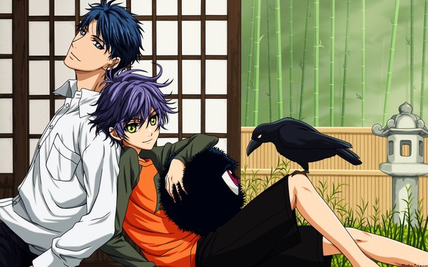 Anime picture 1920x1200 with hakkenden: eight dogs of the east studio deen inuzuka shino murasame inukawa sousuke megu looking at viewer highres short hair smile blue hair purple hair bent knee (knees) light smile open collar summer back to back demon messy hair boy
