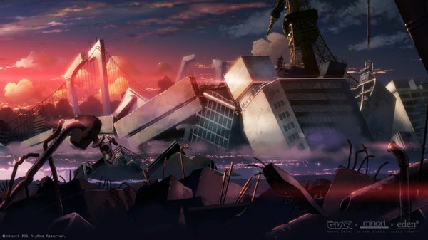 Anime picture 1280x720 with eden* minori wide image sky cloud (clouds) evening sunset landscape scenic ruins building (buildings)