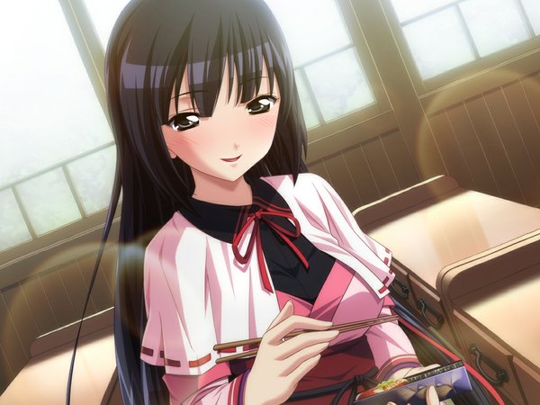 Anime picture 1024x768 with hime to majin to koi suru tamashii long hair black hair game cg black eyes girl serafuku food obento