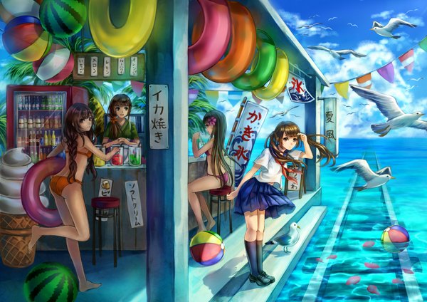 Anime picture 2046x1447 with original daphne zhang long hair highres brown hair twintails bare shoulders multiple girls brown eyes bent knee (knees) ponytail braid (braids) barefoot hair flower bare legs summer girl skirt uniform hair ornament
