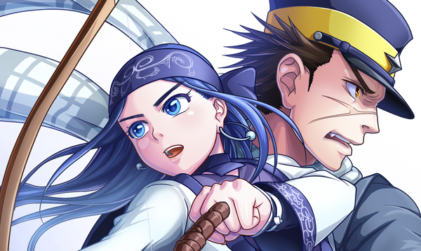 Anime-Bild 2036x1216 mit golden kamuy asirpa sugimoto saichi maeba izumi long hair highres short hair blue eyes simple background red eyes brown hair wide image white background blue hair looking away upper body traditional clothes profile scar ainu clothes