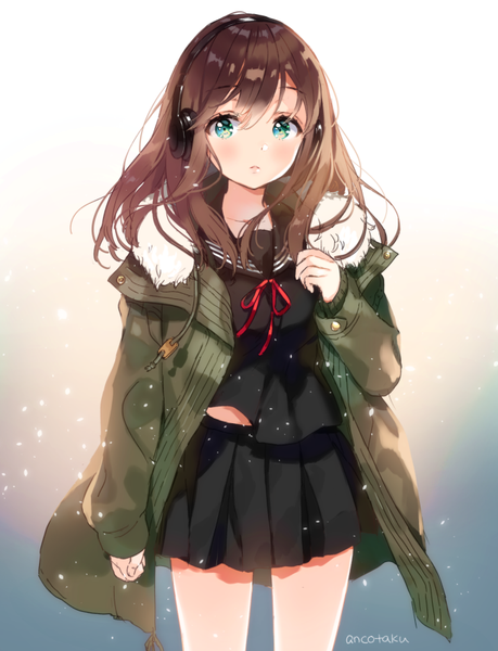 Anime picture 700x915 with original ancotaku single long hair tall image looking at viewer blush fringe simple background hair between eyes brown hair standing signed long sleeves pleated skirt aqua eyes open clothes fur trim gradient background girl