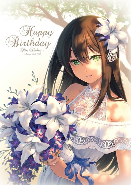 Anime picture 764x1080 with idolmaster idolmaster cinderella girls shibuya rin pinakes single long hair tall image looking at viewer fringe smile brown hair bare shoulders holding green eyes parted lips hair flower sunlight character names dated happy birthday