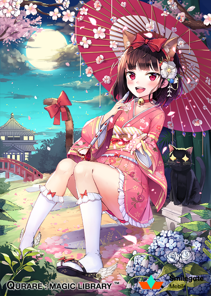 Anime picture 640x894 with qurare: magic library shoonia tall image looking at viewer blush fringe short hair open mouth smile red eyes brown hair animal ears cloud (clouds) bent knee (knees) traditional clothes japanese clothes hair flower cat ears night wide sleeves