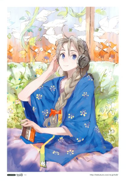 Anime picture 2447x3518 with original headphone girls (artbook) humi (artist) long hair tall image highres blue eyes smile brown hair braid (braids) scan girl ribbon (ribbons) hair ribbon headphones couch