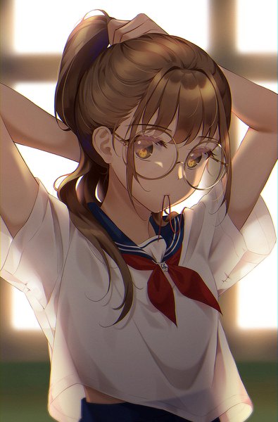 Anime picture 790x1200 with original connie (keean2019) single long hair tall image looking at viewer fringe brown hair holding brown eyes payot upper body indoors head tilt arms up mouth hold adjusting hair backlighting tying hair ribbon in mouth