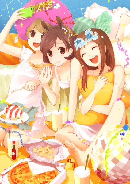 Anime picture 1240x1754 with original ahira yuzu tall image short hair open mouth red eyes brown hair multiple girls brown eyes animal ears eyes closed barefoot eating girl food pillow 3 girls pizza
