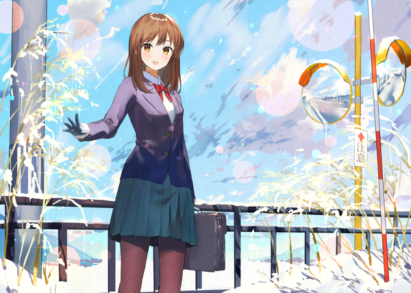 Anime picture 1450x1036 with original akamizuki (akmzk) single long hair looking at viewer blush open mouth brown hair brown eyes sky outdoors pleated skirt snow girl skirt gloves uniform school uniform miniskirt pantyhose