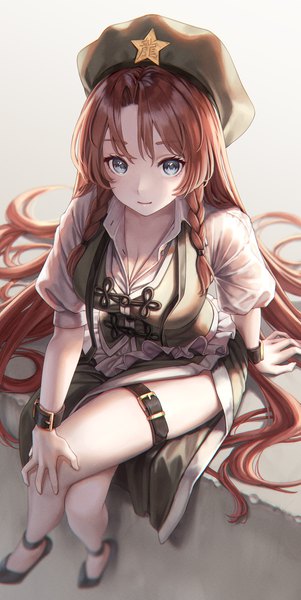 Anime picture 1027x2046 with touhou hong meiling torinari (dtvisu) single tall image looking at viewer blue eyes cleavage full body red hair braid (braids) very long hair from above arm support twin braids crossed legs side slit hand on knee girl skirt