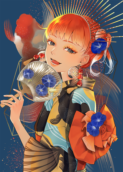 Anime picture 1000x1401 with original takashi (huzakenna) single tall image fringe short hair open mouth signed upper body red hair blunt bangs traditional clothes :d japanese clothes hair flower black eyes eyeshadow animal print fish print girl