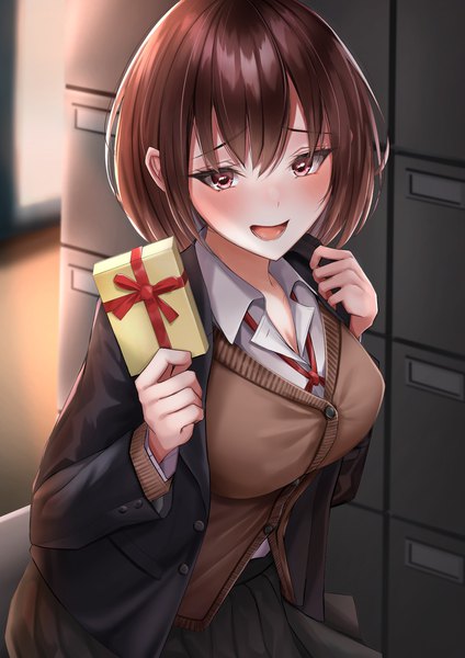Anime picture 1447x2047 with original blueorbit hzmk single tall image blush fringe short hair breasts open mouth smile hair between eyes brown hair large breasts holding indoors long sleeves :d pleated skirt pink eyes open collar