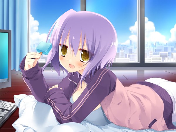Anime picture 1600x1200 with kicking horse rhapsody makinosono izuho blush short hair open mouth yellow eyes game cg purple hair girl food sweets ice cream