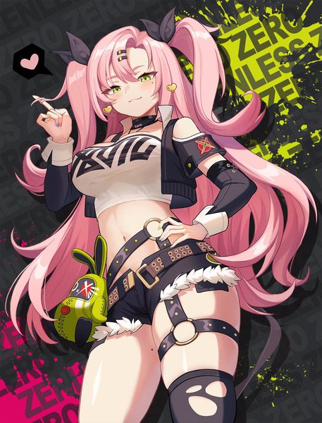 Anime picture 1200x1575 with zenless zone zero nicole demara bangboo (zenless zone zero) pumpkinnn single long hair tall image looking at viewer blush fringe breasts large breasts standing green eyes pink hair blunt bangs nail polish fingernails mole two side up