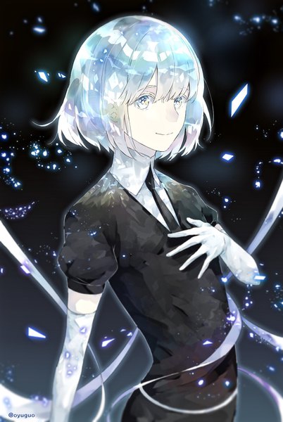 Anime picture 909x1356 with houseki no kuni diamond (houseki no kuni) ryokued single tall image looking at viewer fringe short hair smile signed silver hair puffy sleeves twitter username hand on chest black background silver eyes androgynous gloves necktie elbow gloves