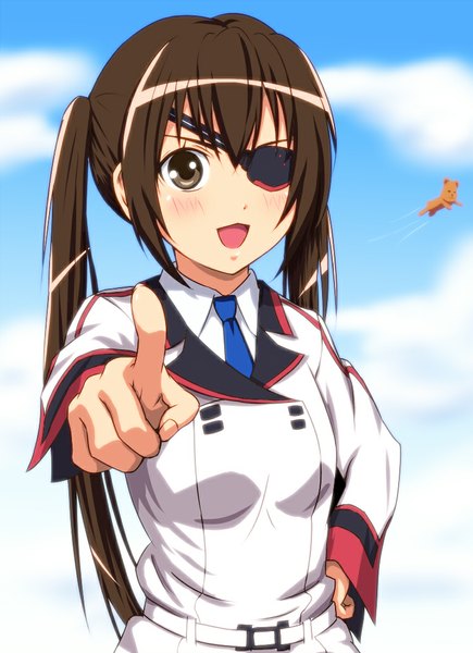 Anime picture 764x1052 with infinite stratos minami-ke 8bit laura bodewig minami kana fujioka-kuma diesel-turbo single long hair tall image looking at viewer blush open mouth smile brown hair twintails brown eyes cloud (clouds) hand on hip cosplay