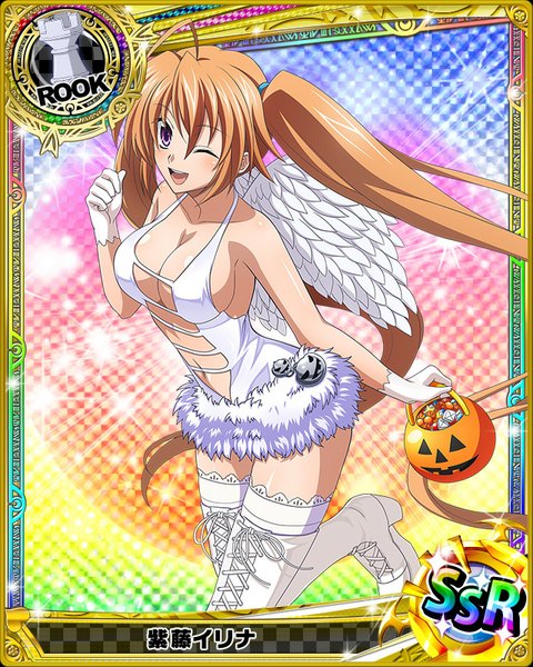 Anime picture 640x800 with highschool dxd shidou irina single tall image blush breasts open mouth light erotic brown hair purple eyes twintails very long hair one eye closed wink open clothes halloween card (medium) girl thighhighs gloves