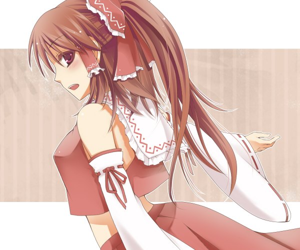Anime picture 1200x1000 with touhou hakurei reimu single long hair blush open mouth red eyes brown hair traditional clothes looking back girl skirt bow hair bow detached sleeves skirt set