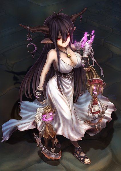 Anime picture 1240x1759 with granblue fantasy danua hansel (granblue fantasy) gretel (granblue fantasy) lindvier long hair tall image breasts light erotic black hair hair between eyes red eyes large breasts ahoge horn (horns) pointy ears walking draph girl dress