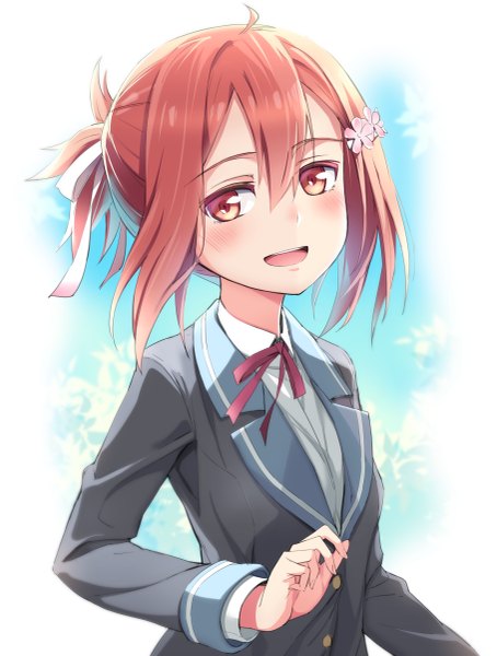 Anime picture 909x1200 with yuusha de aru yuuki yuuna wa yuusha de aru takashima yuuna michairu single tall image blush fringe short hair open mouth red eyes white background looking away ahoge ponytail red hair blue background girl uniform ribbon (ribbons)