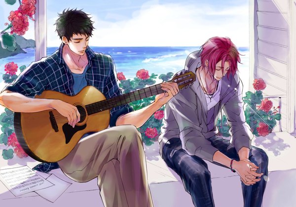 Anime picture 2190x1534 with free! kyoto animation matsuoka rin yamazaki sosuke sakurai shushushu highres short hair black hair sitting pink hair eyes closed multiple boys crossed legs horizon boy flower (flowers) bracelet sea pendant hood