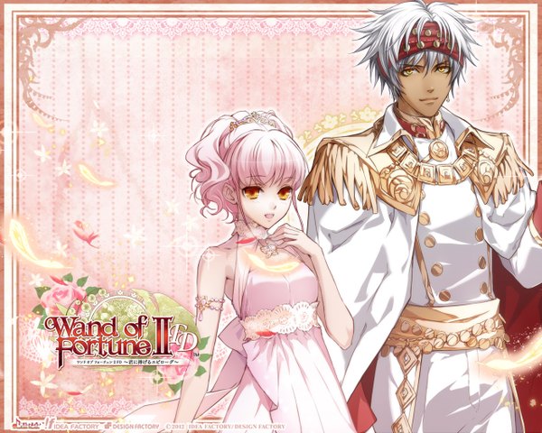 Anime picture 1280x1024 with wand of fortune wand of fortune 2 idea factory lulu (wand of fortune) bilal faranbald looking at viewer short hair open mouth yellow eyes white hair orange eyes girl dress boy hair ornament flower (flowers) hairband jewelry feather (feathers)