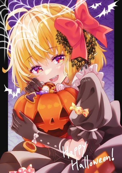Anime picture 1000x1419 with touhou rumia sakuyabm single tall image looking at viewer fringe short hair open mouth blonde hair hair between eyes red eyes :d puffy sleeves halloween purple background pillarboxed happy halloween girl gloves