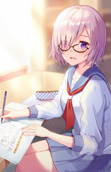Anime picture 518x800 with fate (series) fate/grand order mash kyrielight haru (hiyori-kohal) single tall image looking at viewer blush fringe short hair open mouth smile sitting purple eyes holding pink hair indoors pleated skirt sunlight hair over one eye