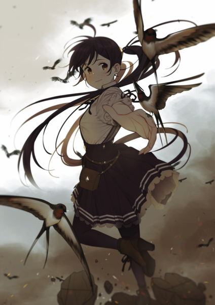 Anime picture 1514x2141 with original e7 (runaway162) single long hair tall image looking at viewer fringe black hair standing yellow eyes sky full body ahoge bent knee (knees) ponytail pleated skirt wind mole high heels mole under eye