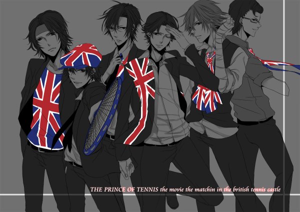 Anime picture 1200x848 with prince of tennis yukimura seiichi echizen ryoma atobe keigo tezuka kunimitsu kite eishirou mozyack short hair simple background inscription multiple boys monochrome group 6+ boys flag print adjusting necktie boy shirt glasses necktie