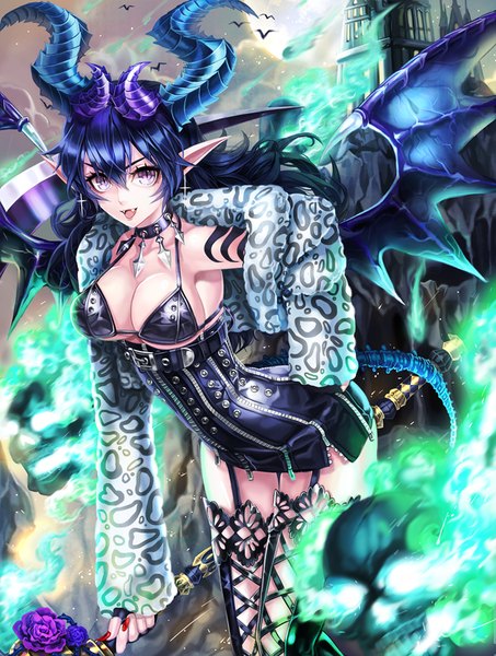 Anime picture 605x801 with original bbbox (hotpppink) single long hair tall image looking at viewer fringe breasts open mouth light erotic smile standing purple eyes blue hair tail horn (horns) pointy ears teeth fang (fangs) tattoo