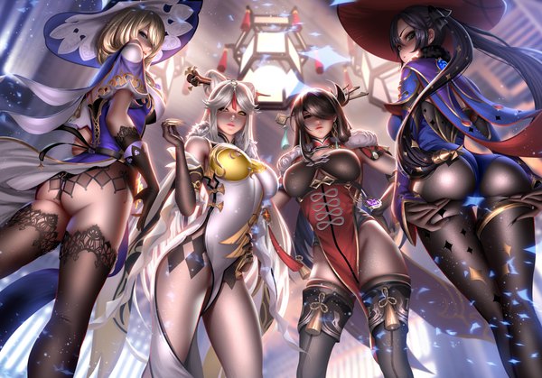 Anime picture 6000x4194 with genshin impact mona megistus ningguang (genshin impact) lisa (genshin impact) beidou (genshin impact) liang xing long hair looking at viewer fringe highres breasts open mouth blue eyes light erotic black hair blonde hair hair between eyes brown hair large breasts standing