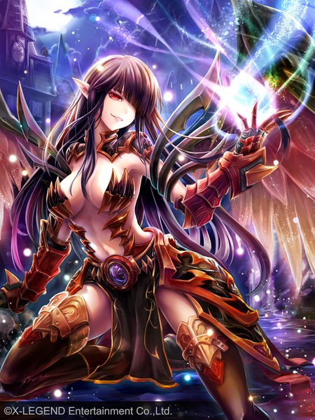 Anime picture 1080x1440 with aura kingdom saya kuroha single long hair tall image looking at viewer fringe breasts light erotic black hair smile red eyes large breasts payot cloud (clouds) blunt bangs pointy ears hair over one eye night official art
