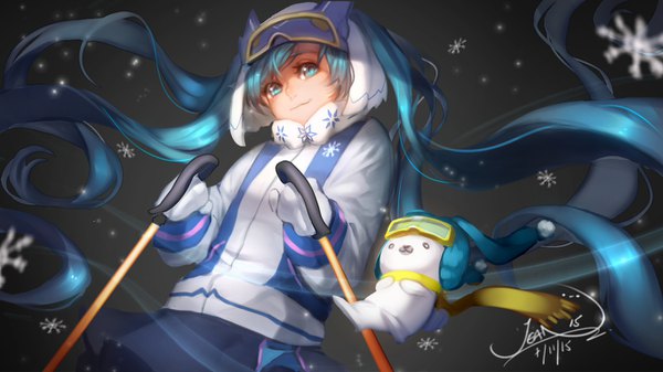 イラスト 1366x768 と ボーカロイド 初音ミク 雪ミク ラビット・ユキネ 雪ミク2016 j 315 (jean) ソロ 長髪 笑顔 wide image ツインテール signed aqua eyes aqua hair grey background from below floating hair dated dark background snowflake print