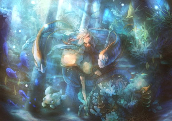 Anime picture 1500x1059 with original sui (petit comet) underwater girl plant (plants) water fish (fishes)