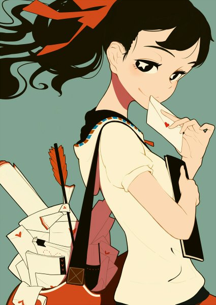 Anime picture 850x1201 with original hieda yawe single tall image looking at viewer blush black hair simple background smile ponytail wind black eyes short sleeves symbol-shaped pupils aqua background girl ribbon (ribbons) heart hoodie arrow (arrows)