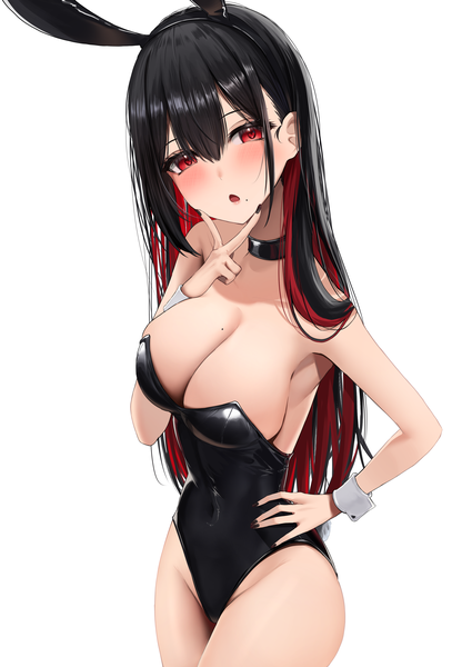 Anime picture 2508x3541 with original amane sora single long hair tall image looking at viewer blush fringe highres open mouth light erotic black hair simple background hair between eyes red eyes standing white background animal ears tail nail polish