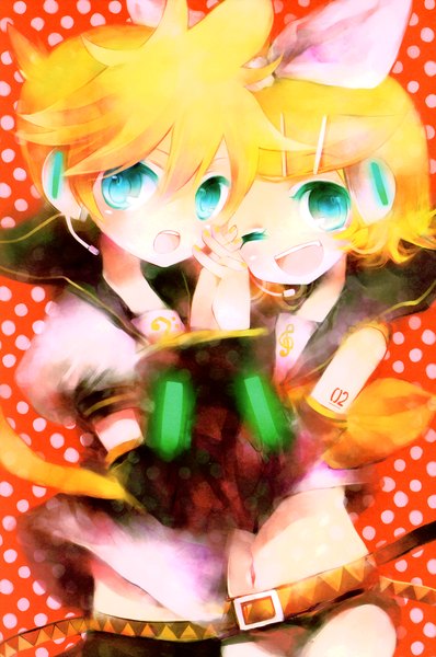 Anime picture 4021x6059 with vocaloid kagamine rin kagamine len shimeko tall image highres short hair open mouth blonde hair absurdres nail polish one eye closed aqua eyes wink scan midriff tattoo holding hands happy polka dot