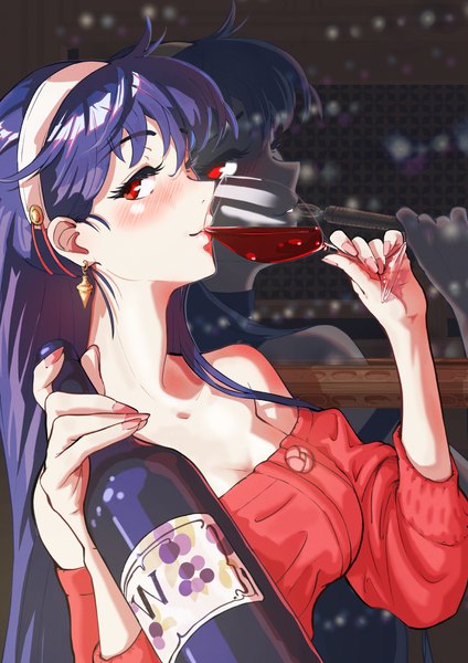 Anime picture 868x1228 with spy x family yor briar arakan single long hair tall image looking at viewer blush red eyes holding blue hair upper body fingernails reflection long fingernails drinking drunk girl earrings hairband