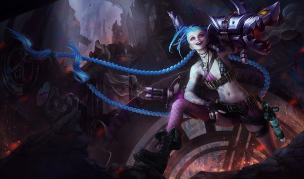 Anime picture 1300x767 with league of legends jinx (league of legends) katiedesousa single open mouth light erotic smile wide image bare shoulders blue hair braid (braids) very long hair nail polish pink eyes official art midriff tattoo lipstick twin braids looking up