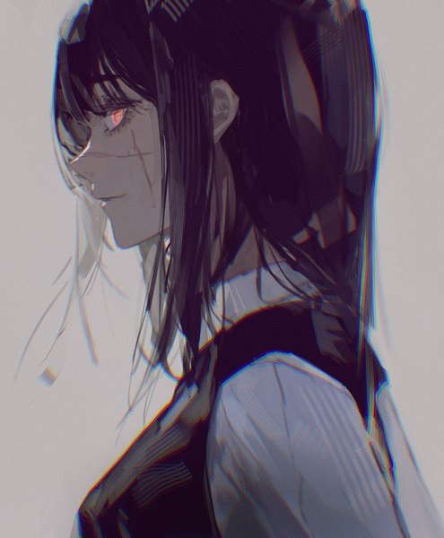 Anime picture 1267x1536 with chainsaw man mappa mitaka asa yoru (chainsaw man) 96yottea single long hair tall image black hair simple background upper body profile pink eyes grey background scar girl vest