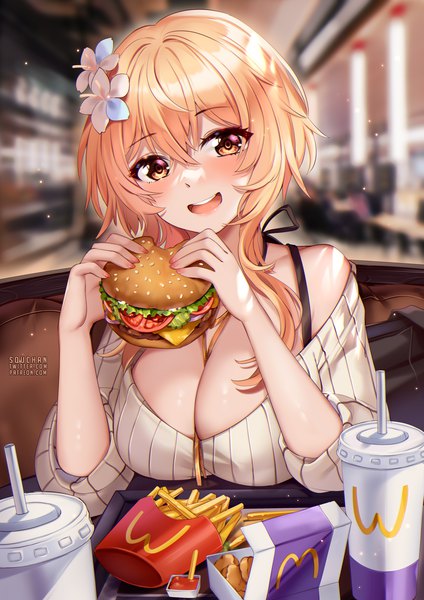 Anime picture 884x1250 with genshin impact mcdonald's lumine (genshin impact) squchan single long hair tall image looking at viewer blush fringe breasts open mouth light erotic blonde hair smile hair between eyes sitting holding signed yellow eyes