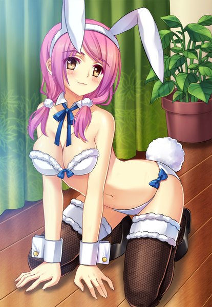 Anime picture 840x1217 with original tonee single long hair tall image looking at viewer blush breasts light erotic smile large breasts twintails bare shoulders brown eyes animal ears pink hair cleavage tail animal tail arm support